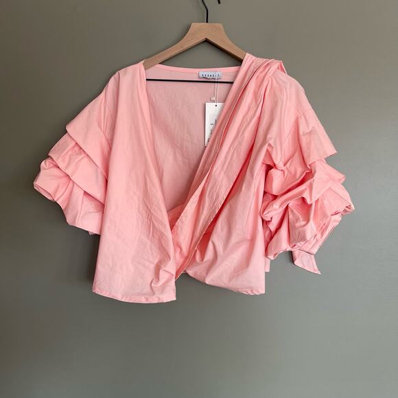 NWT LIONESS Esmerelda Wrap Top in Blush Size Small Pink Puff Sleeve Ruffles Sexy - Picture 5 of 16